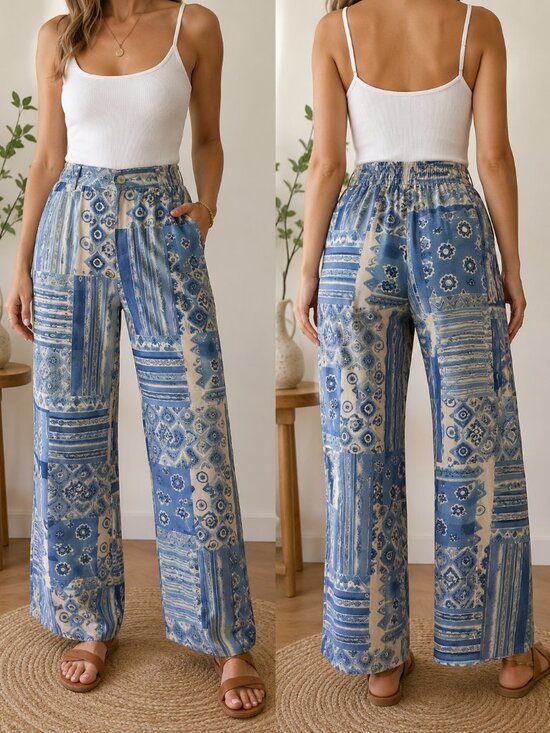 Pants - BOHO ARTSY SUMMER PANTS blue and tan, 100% rayon lightweight, POCKETS, W. size 8